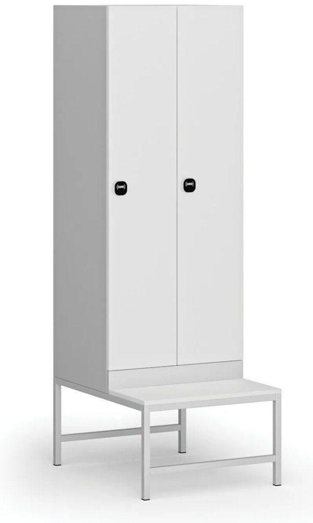 Šatníková skrinka S1 s lavičkou, 2 oddiely, 1875 x 600 x 500/800 mm, zámok s čítačkou RFID kariet, laminované dvere, biela