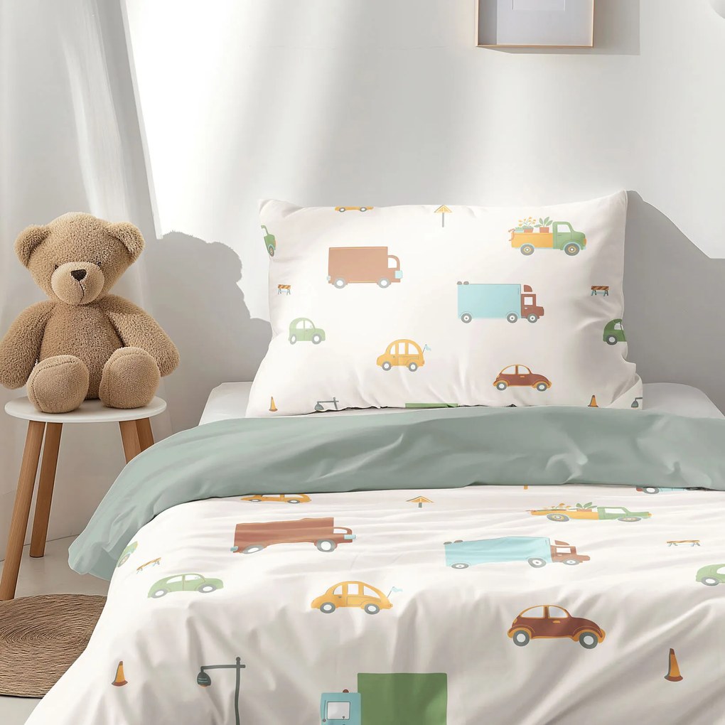 Goldea detské bavlnené obliečky duo - svet autíčok so šalviovo zelenou 140 x 200 a 70 x 90 cm