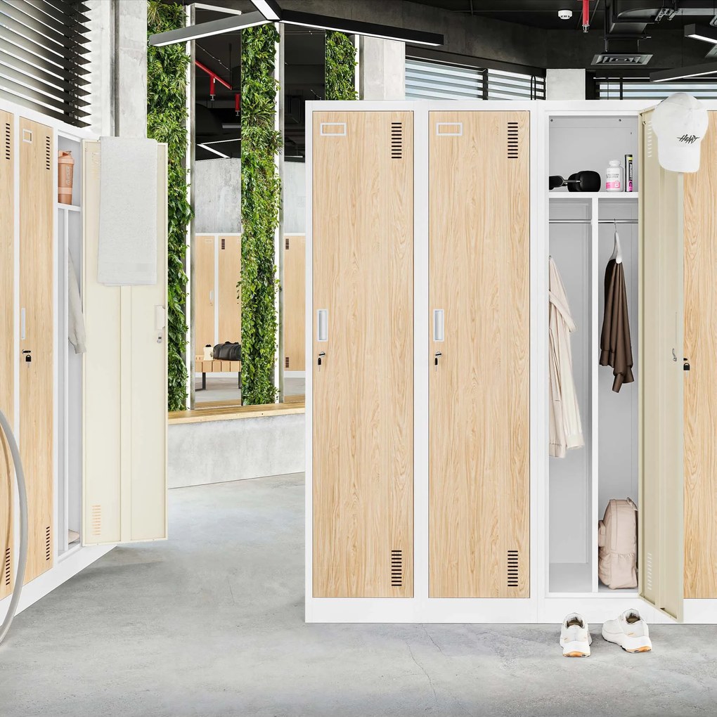 Kovová šatňová štvormodulová skriňa na sokli s policou KACPER, 800 x 1800 x 500 mm, Eco Design: biela/ dub sonoma