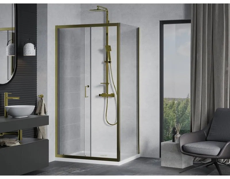 Mexen Apia, sprchový kút s posuvnými dverami 100 (dvere) x 90 (stena) cm, 6mm číre sklo, zlatý profil + biela sprchová vanička SLIM, 840-100-090-50-00-4010G