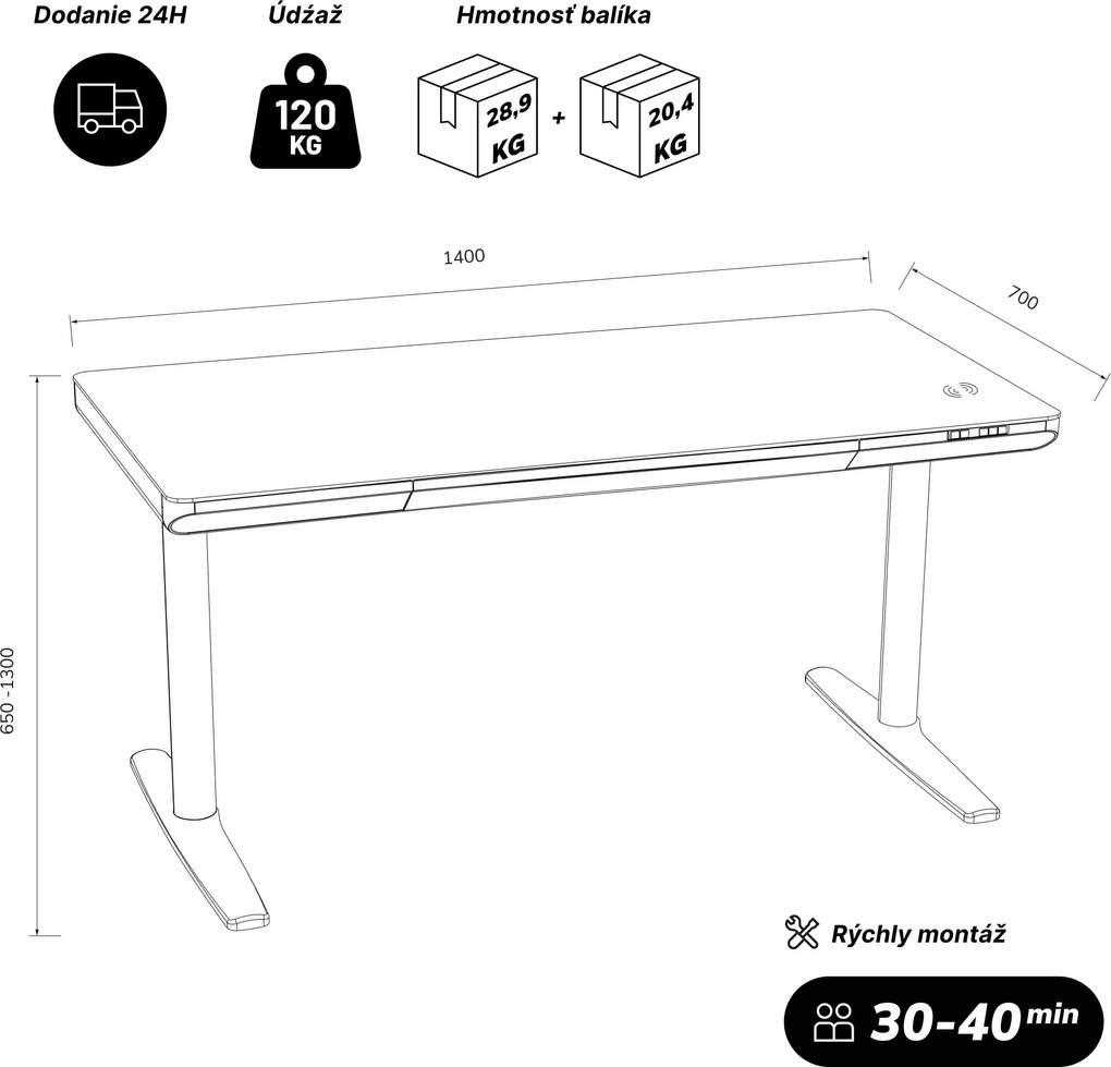 Elektrický písací stôl sit-stand so zásuvkou a bezdrôtovou nabíjačkou Qi čierny/orech, 1400 mm: ELLIS
