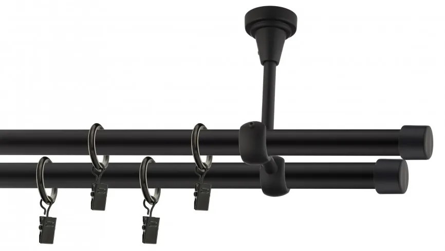 Dekorstudio Stropná dvojradová garniža LUNA čierna-matná 19mm Dĺžka: 340cm, Typ príslušenstva: Krúžky tiché so štipcami