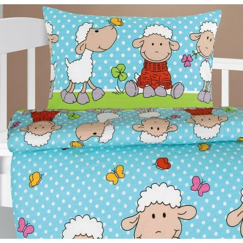 Bellatex Detská krepová posteľná bielizeň AgataSheep modrá, 90 x 135 cm, 45 x 60 cm