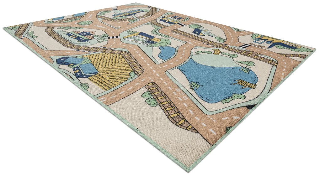 Protišmykový detský koberec REBEL ROADS 32 Mestečko, béžovo - zelený