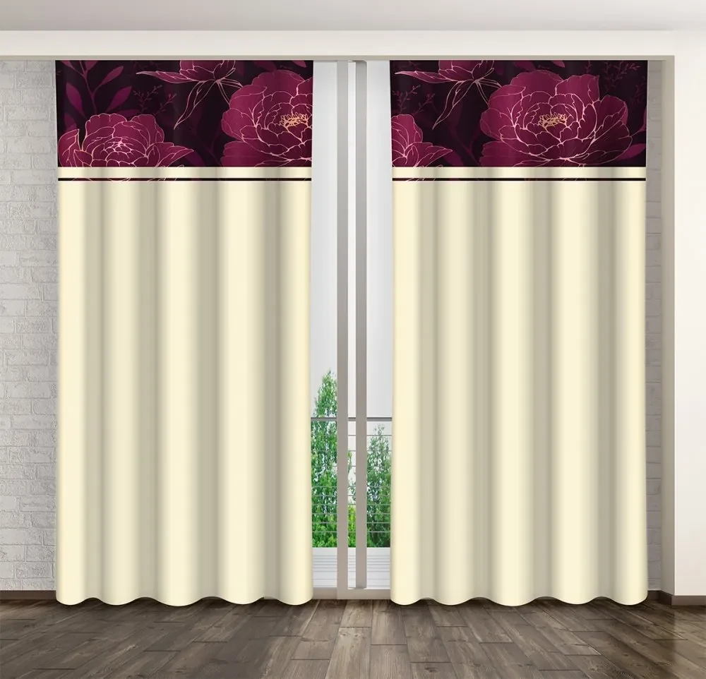 Elegantný záves v béžovej farbe s potlačou bordových pivónií Dĺžka: 270 cm