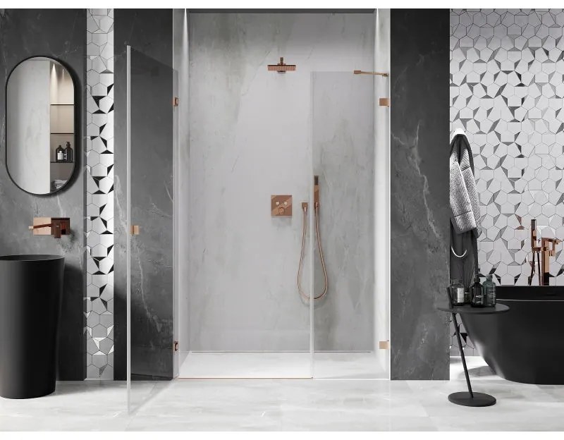 Mexen Lunar-B, ľavé otočné sprchové dvere 135 cm, 8mm číre sklo, medený matný profil, 832S-135-050-65-00-L