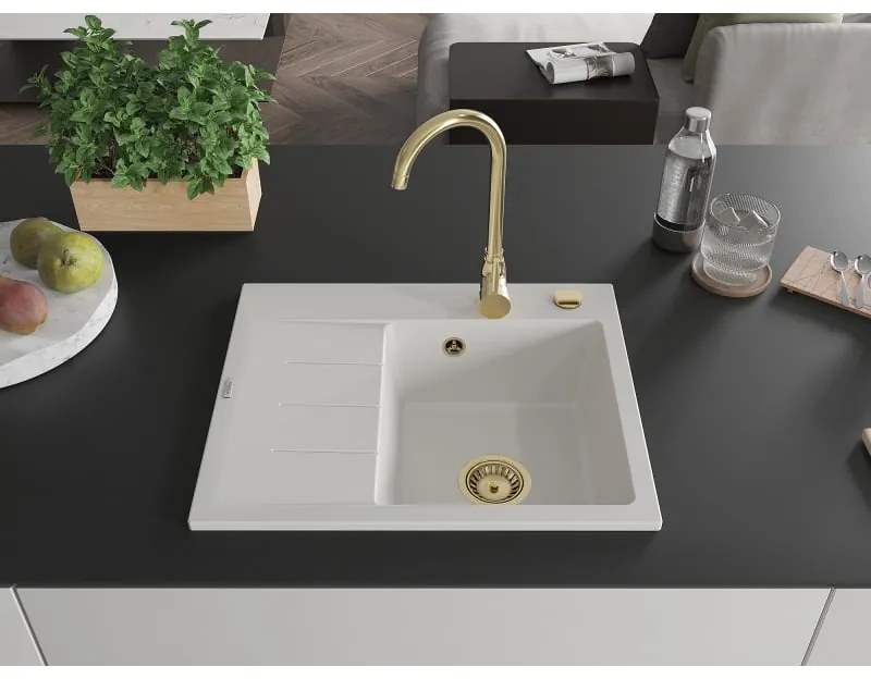 Mexen Ben, 1-komorový granitový drez 600x500x190 mm, pravý + zlatý sifón, biela, 6523605000-20-G