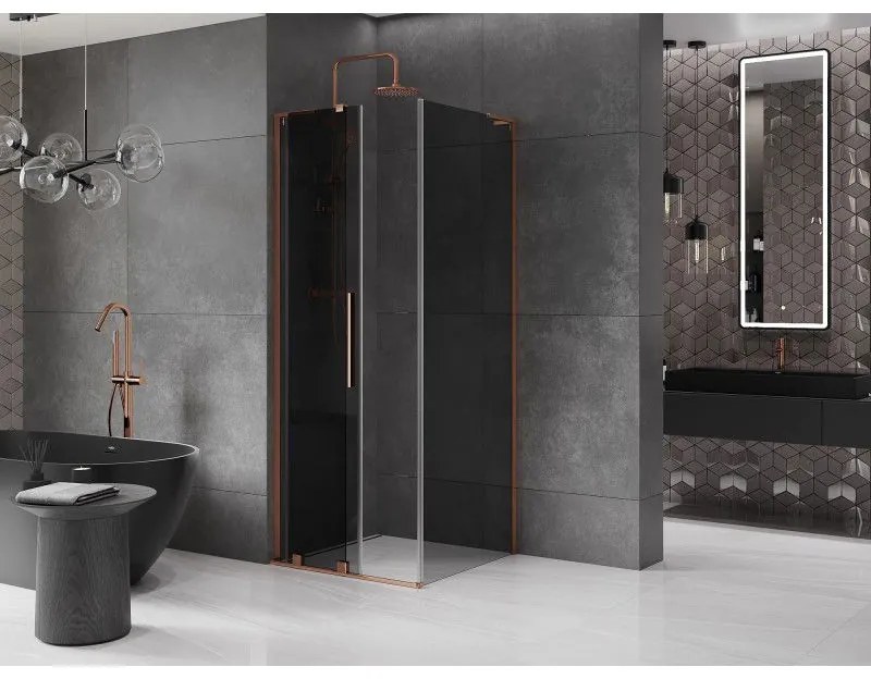 Mexen Velar L, sprchový kút s posuvnými dverami 90 x 90 cm, 8mm šedé sklo, ružové zlato, 871-090-090-43-60