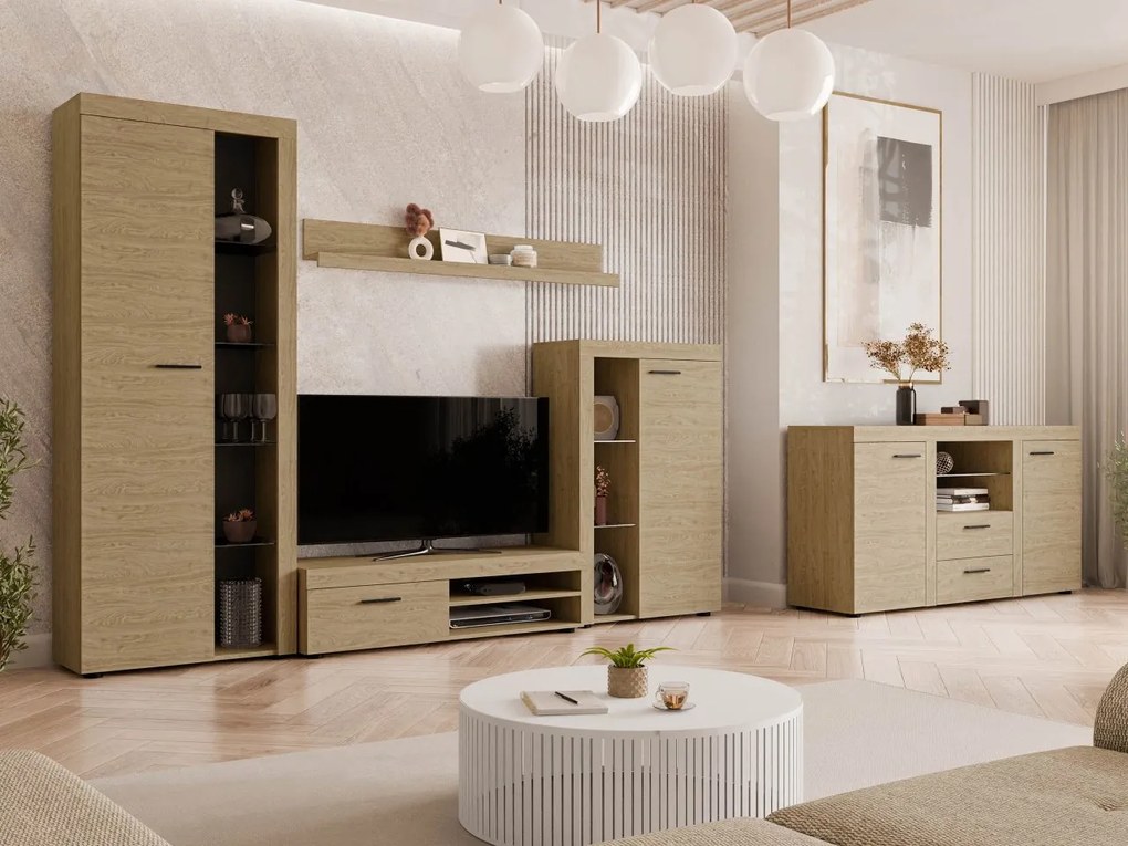 Obývacia stena Rodos s komodou, Farby: Dub Lefkas, Osvetlenie: osvetlenie LED