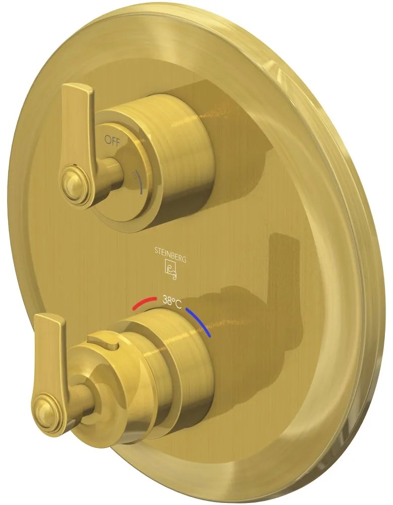 STEINBERG 350 termostat s podomietkovou inštaláciou, s uzatváracím a prepínacím ventilom, pre 2 výstupy, kartáčované zlato, 35041333BG