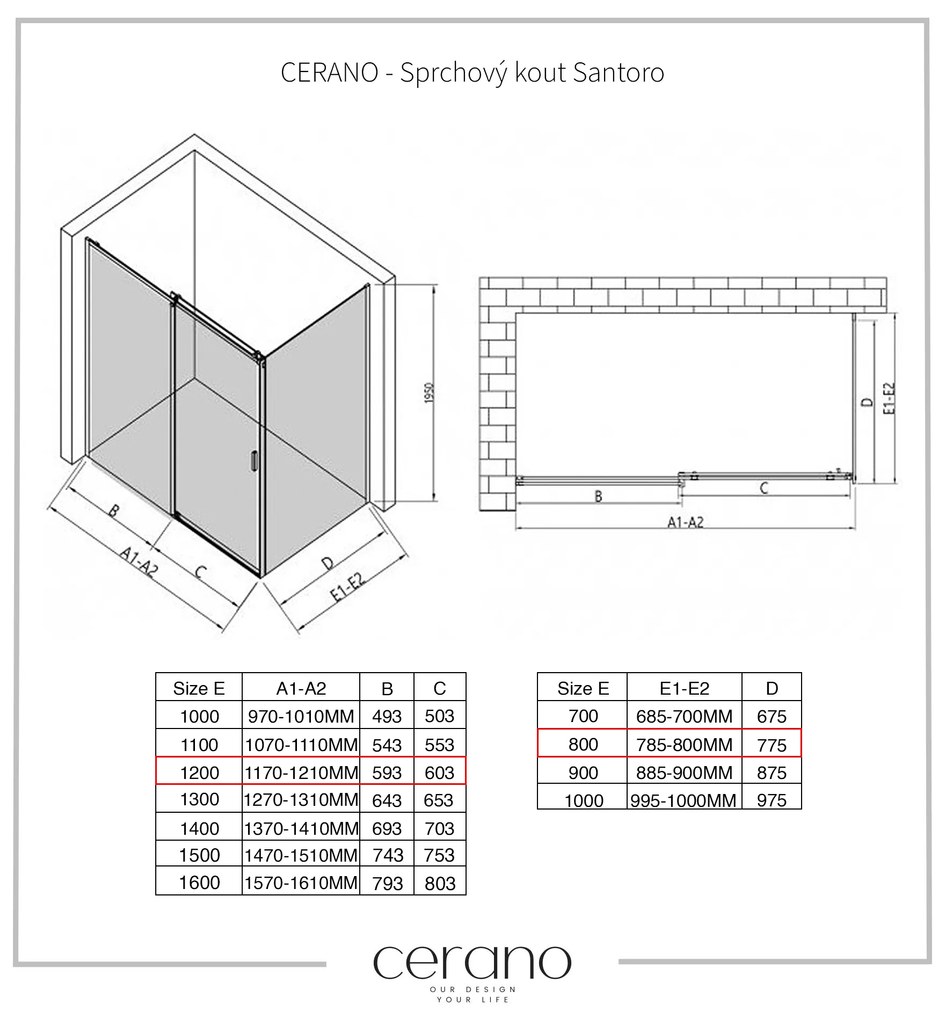 CERANO - Sprchovací kút Santoro Ľ/P - 8 mm - chróm, transparentné sklo - 120x80 cm - posuvný, CER-CER-8050BD7355