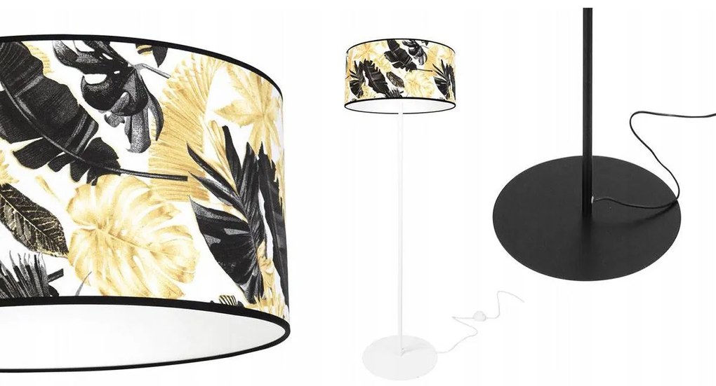 Stojacia lampa Gold Flowers, 1x biele textilné tienidlo s kvetinovým vzorom, (výber z 2 farieb konštrukcie), (fi 40cm), o