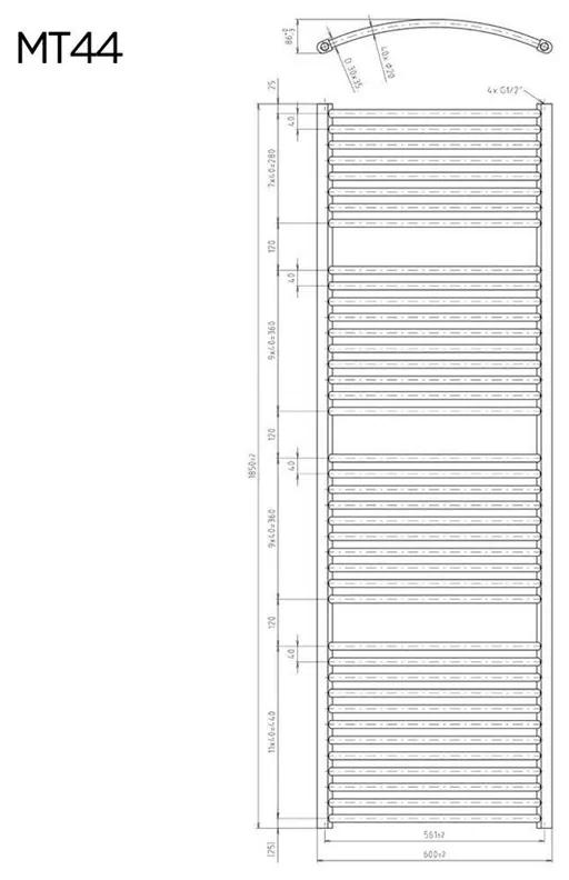 Mereo, Vykurovací rebrík 600x1850 mm, oblý, biely, MER-MT44