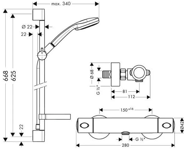 Hansgrohe Croma 100, sprchový set s termostatom, 3 prúdy, tyč 650 mm, chrómová, HAN-27086000
