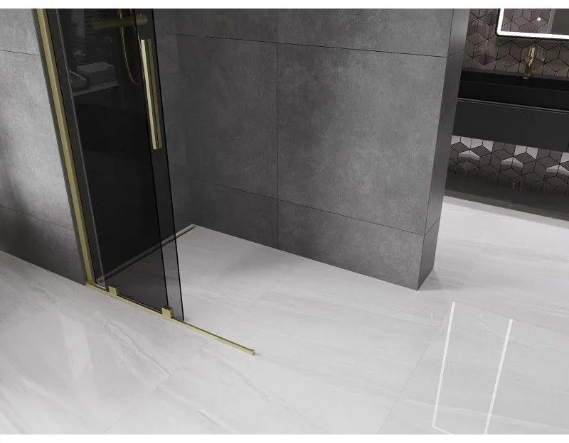 Mexen Velar, sprchová zástena s posuvnými dverami Walk-in 110 x 200 cm, 8mm šedé sklo, zlatá matná, 871-110-000-43-55