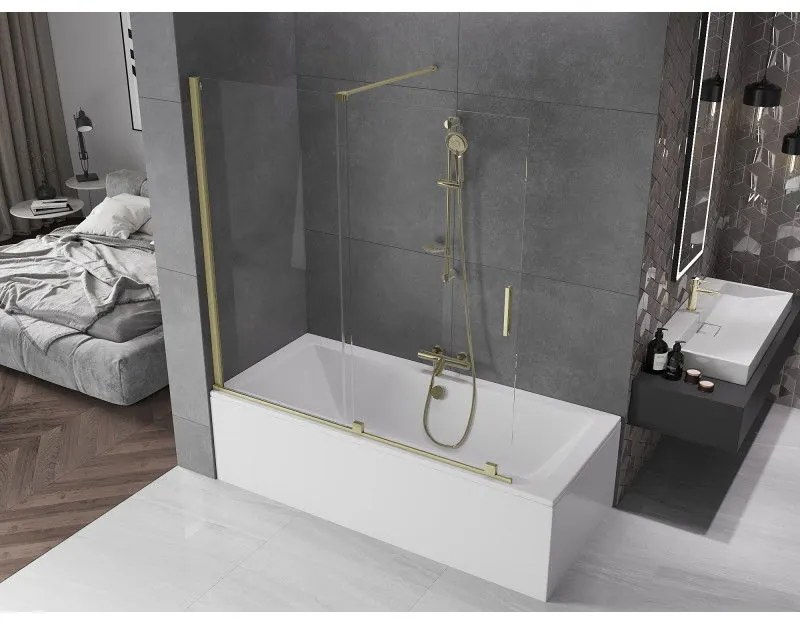 Mexen Velar, 2-krídlová posuvná vaňová zástena 160 x 150 cm, 8mm číre sklo, zlatý matný profil, 896-160-000-01-55