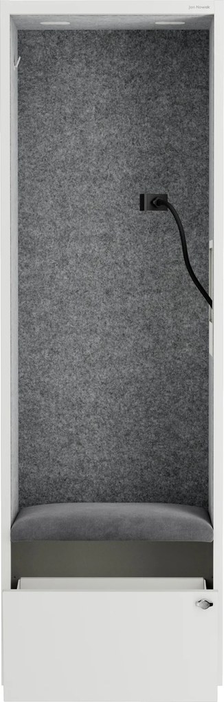 Kancelárska akustická kabína so sedadlom a portom USB-C, telo v biely / sedák sivá v zelenej farbe, 600 mm: SALLY MentalBox