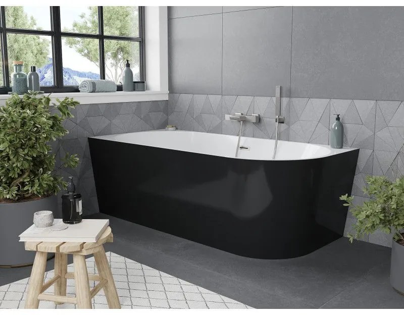 Mexen Mia, voľne stojaca rohová vaňa, lavá, 170 x 80 cm, biela-čierna, brúsená oceľ prepad, 52691708075L-97