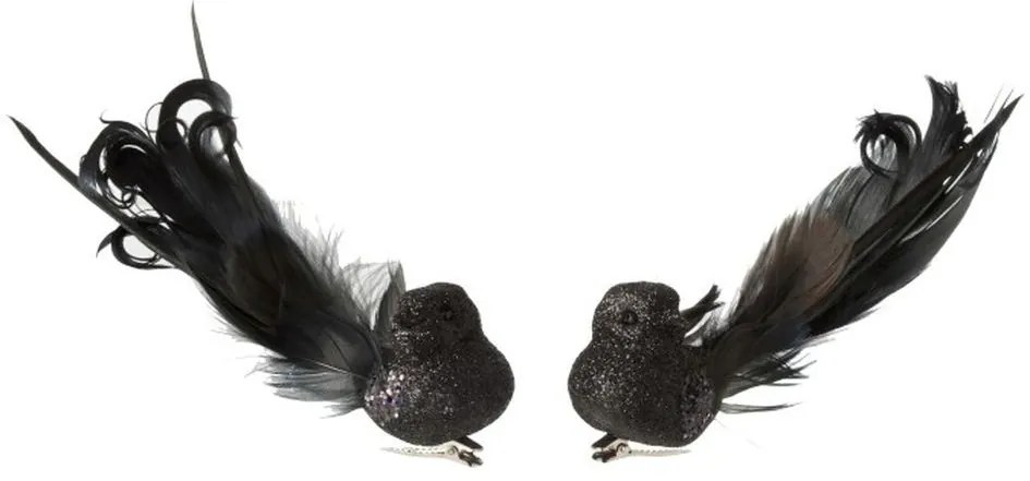 2ks čierna trblietavá ozdoba vtáčik s pierkami - 15 * 7 * 5cm