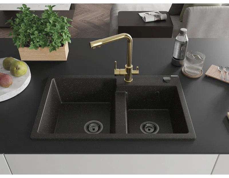 Mexen Tomas, granitový drez 800x500x190 mm, 2-komorový a zlatá batéria Duero, čierna - zlatá metalíza, 6516-75-671600-50-B