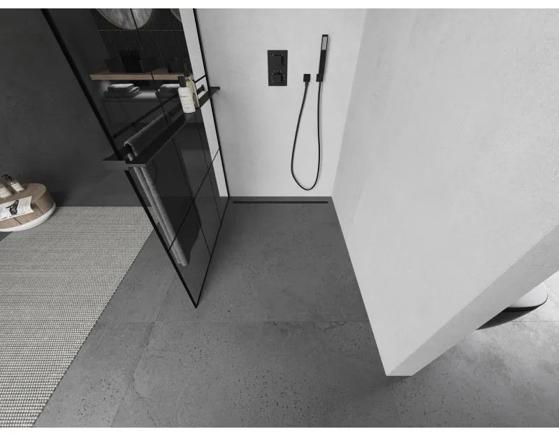 Mexen Kioto+, sprchová zástena s poličkou a držiakom na uteráky 110 x 200 cm, 8mm sklo číre sklo vzor čierny, čierny profil, 800-110-121-70-77