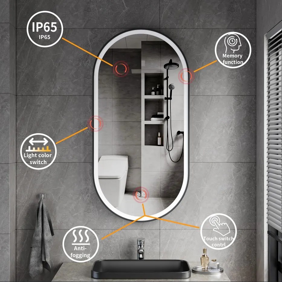 Erga Gwen, oválne LED zrkadlo 50x100cm v čiernom kovovom ráme, 3 farby svetla, predné osvetlenie, vyhrievacia podložka proti zapareniu, ERG-V01-GWEN-5010-BK