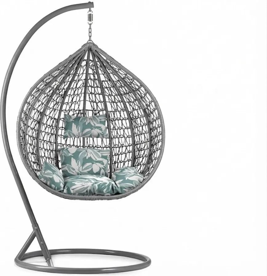 Sivé závesné kreslo KOKON so stojanom, zeleno-biely vankúš