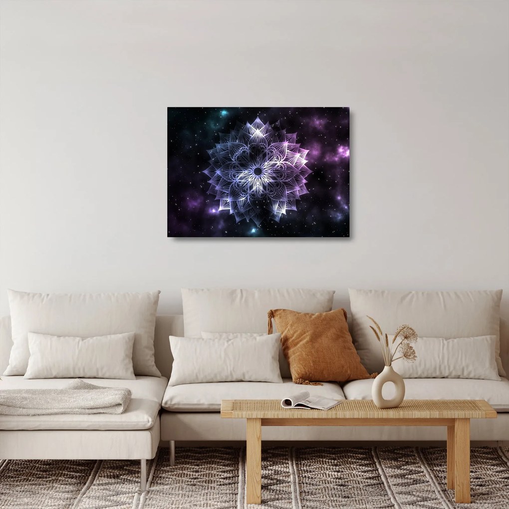 Sklenený obraz - Lotusová mandala vo vesmíre (70x50 cm)