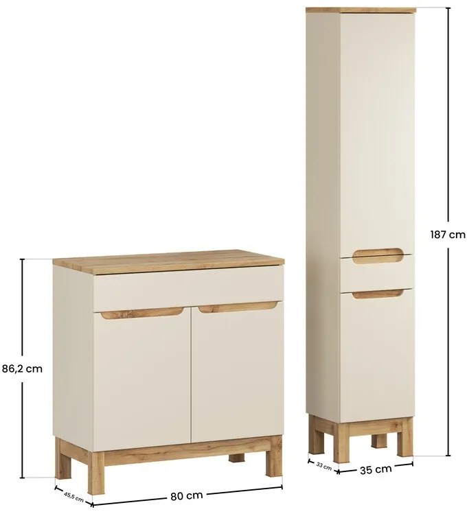 Kúpeľňová zostava Bali Casad s doskou a skrinkami 80 cm kašmírová/dub wotan