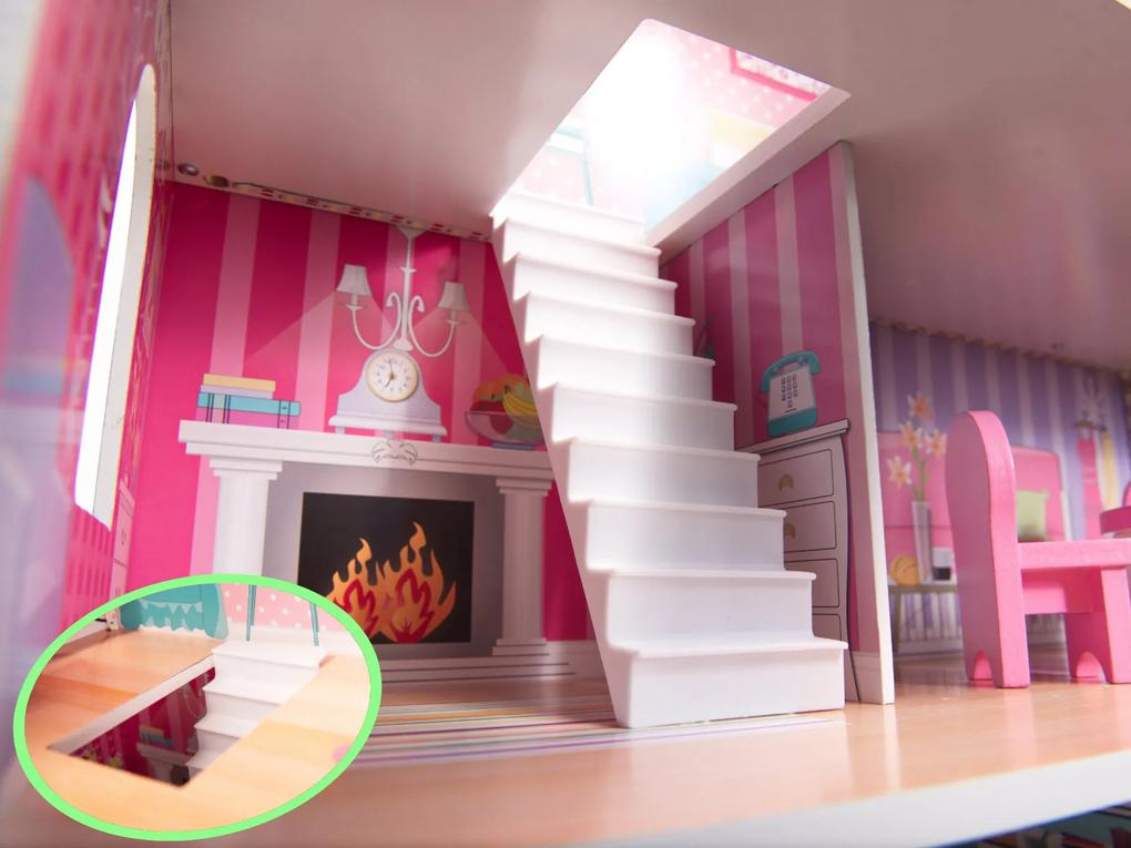 KIK MDF drevený domček pre bábiky + nábytok 70cm ružový LED