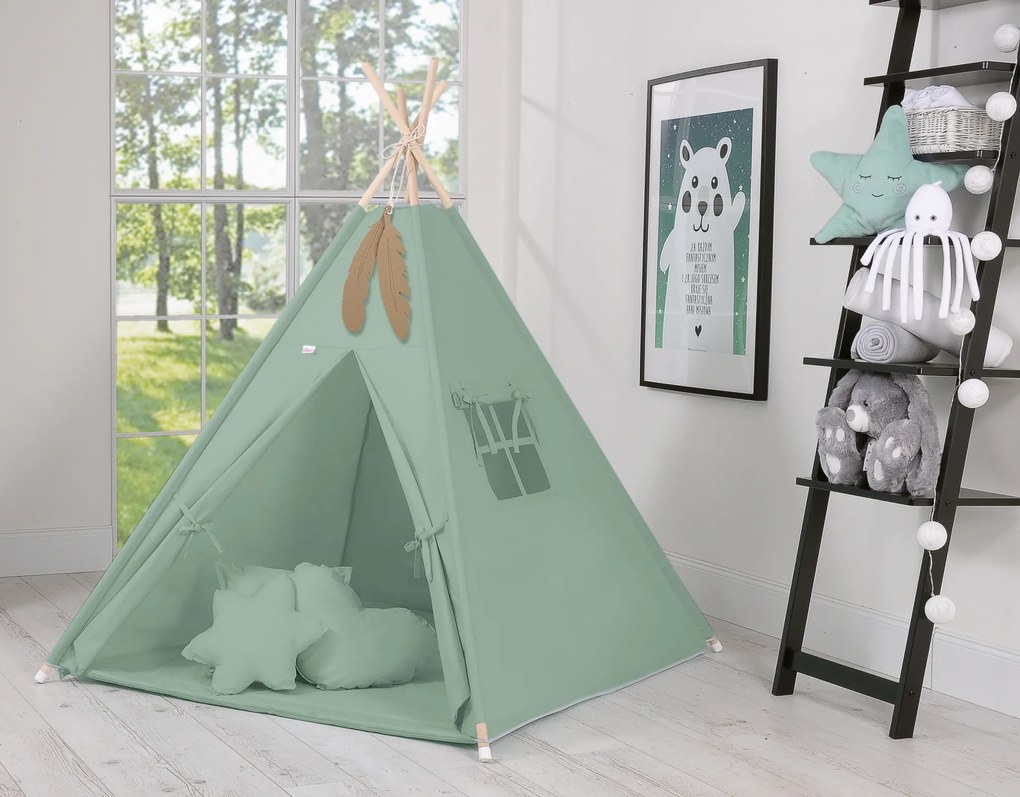 Bobono Stan Teepee pre deti + ozdobné perie - pastelovo zelená