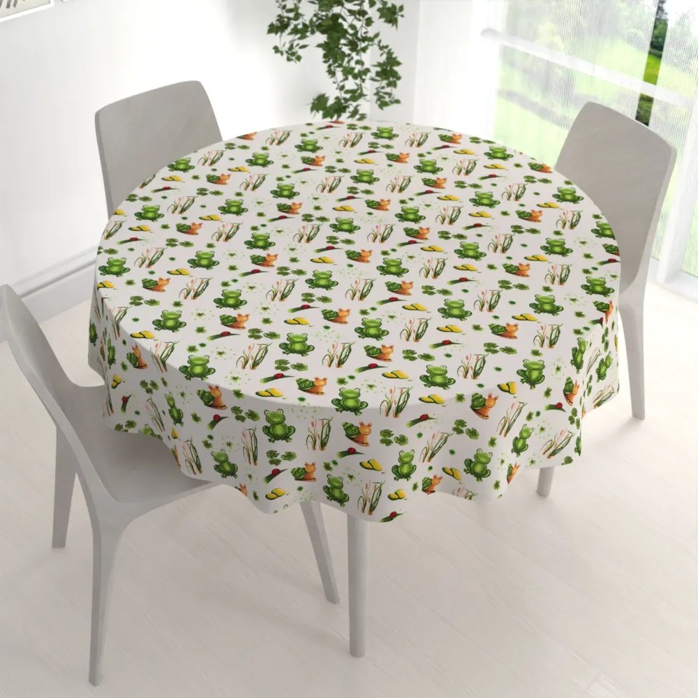 Biante Detský bavlnený okrúhly obrus Sandra SA-609 Žabky a slimáky na bielom Ø 80 cm