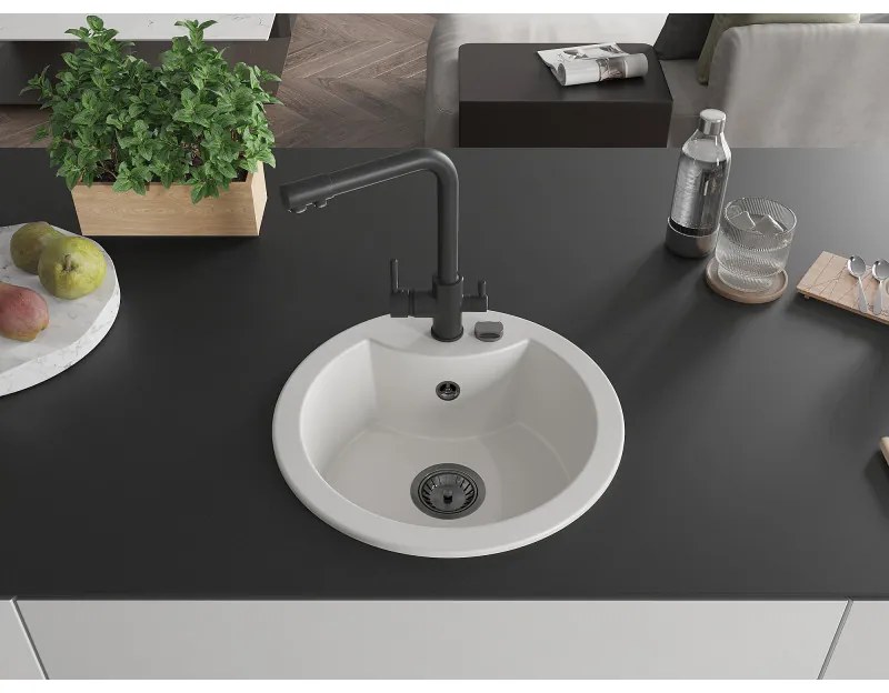 Mexen Diego, 1-komorový granitový drez 488x488x167 mm, čierna batéria Duero, biela, 6512-20-671600-70