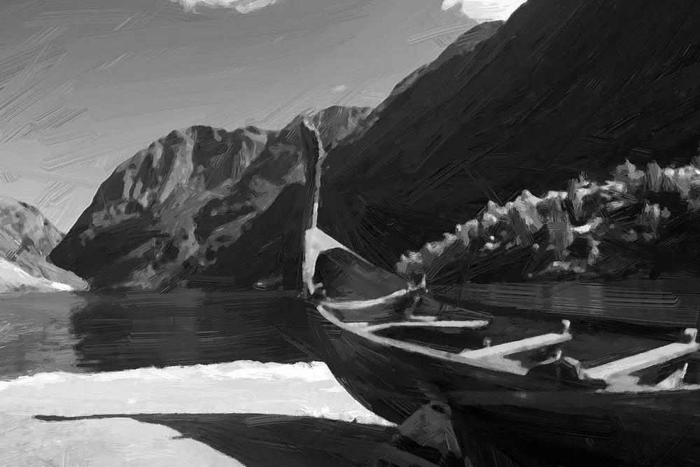 Obraz drevená vikingská loď v čiernobielom prevedení - 60x40