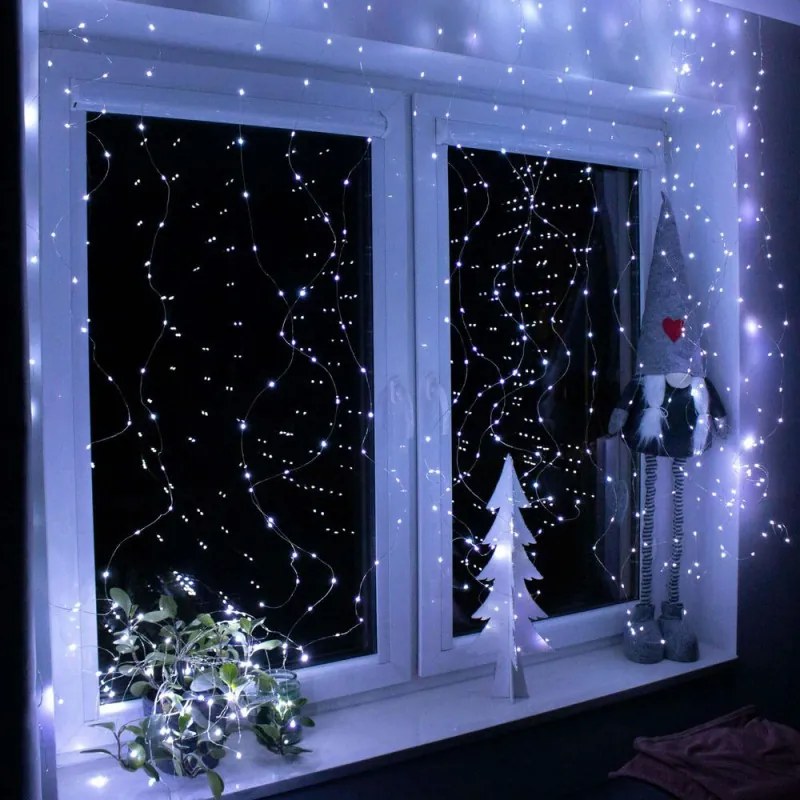 SPRINGOS LED Nano svetelný záves - 3x3m, 300LED, 8 funkcií, ovládač, USB, IP44, studená biela