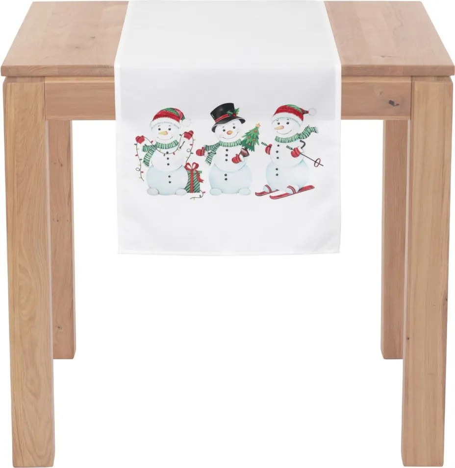 Vianočný behúň na stôl Snehuliaci 150x40 cm, biely