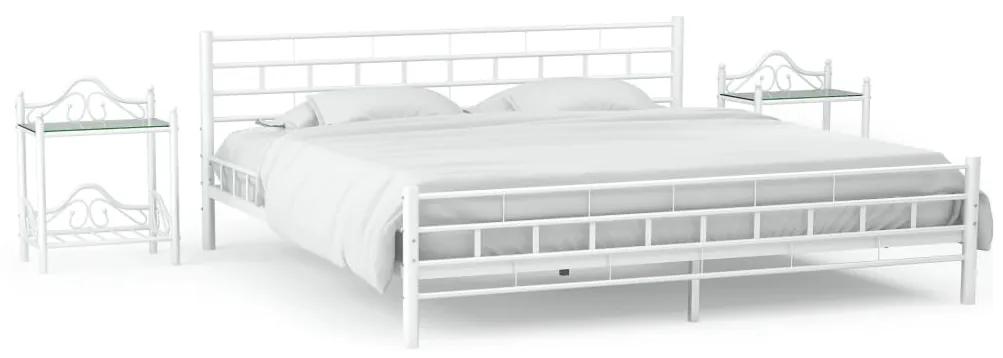 vidaXL Rám postele s 2 nočnými stolíkmi biely kovový 180x200 cm