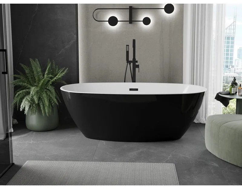 Mexen Eris, voľne stojaca vaňa 155 x 80 cm, biela-čierna, čierny matný prepad, 53441558075-70