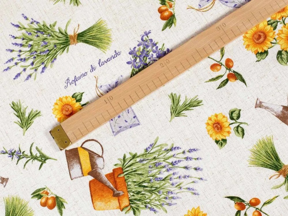 Biante Dekoračný behúň na stôl Leona LN-063 Slnečnice a levandule na režnom 20x120 cm