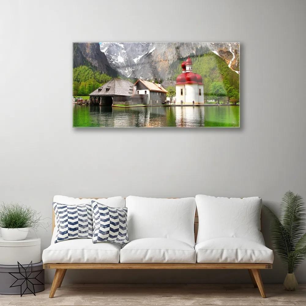 Obraz na skle Hora strom dom krajina 125x50 cm