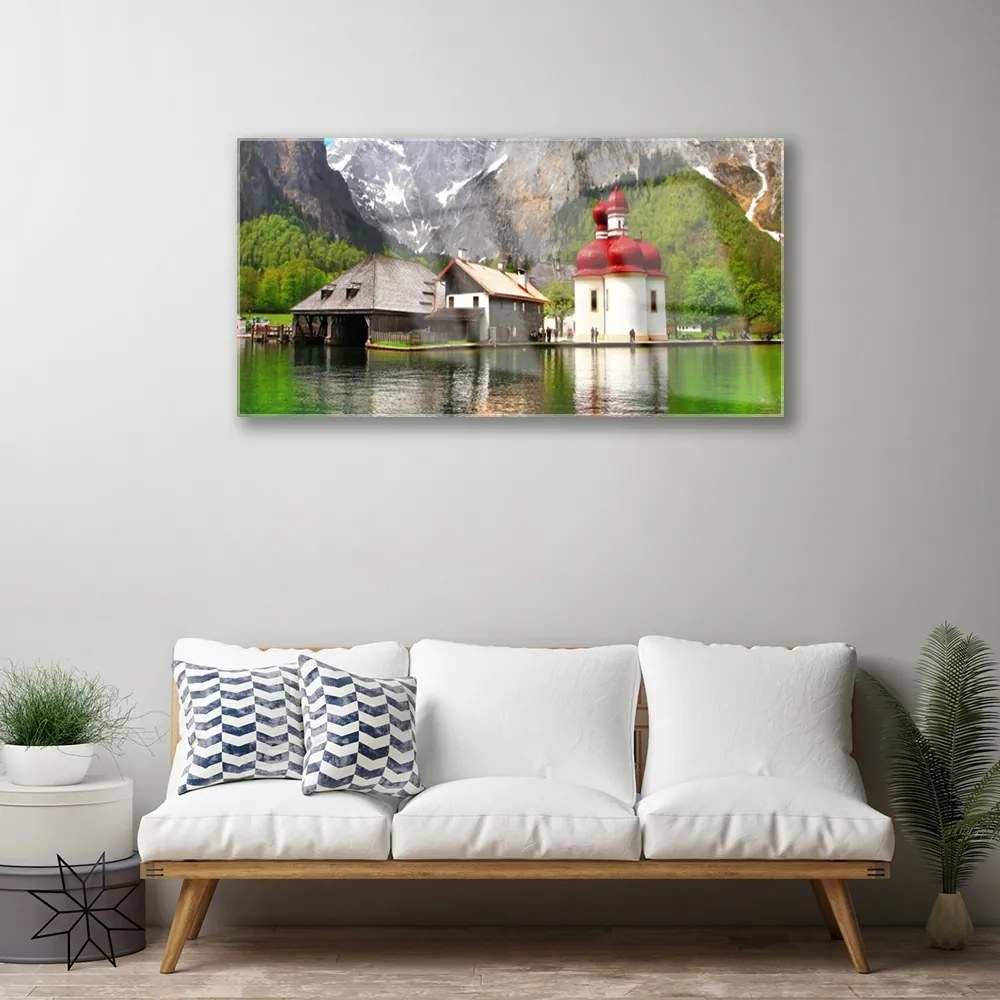 Obraz na skle Hora strom dom krajina 140x70 cm