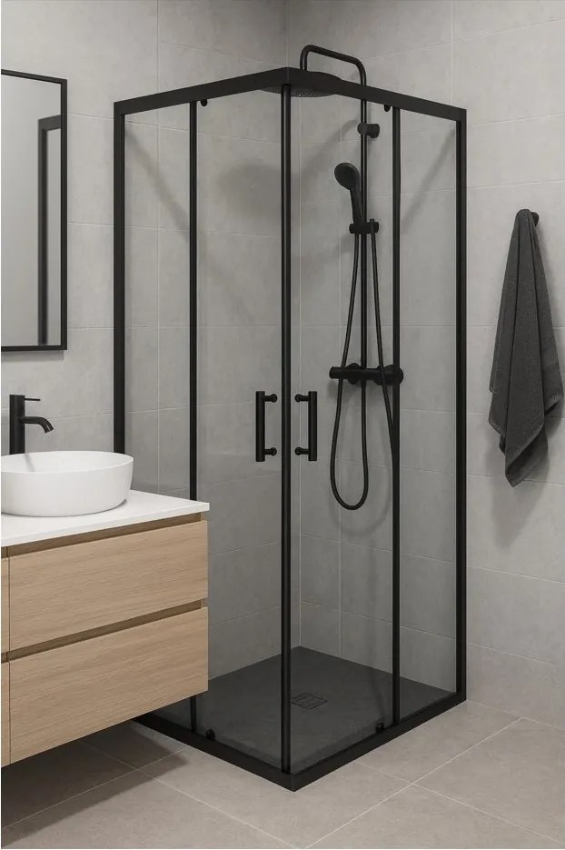 Erga Tucson, sprchový kút s posuvnými dverami 120(dvere) x 120(dvere) x 190 cm, 6mm číre sklo, čierny profil, ERG-S02-TUCSON-D120D120-CL-BK