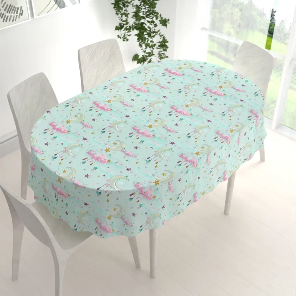 Biante Detský bavlnený oválny obrus Sandra SA-522 Mesačná obloha na mintovom 120x200 cm