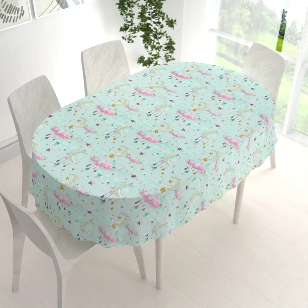 Biante Detský bavlnený oválny obrus Sandra SA-522 Mesačná obloha na mintovom 50x100 cm