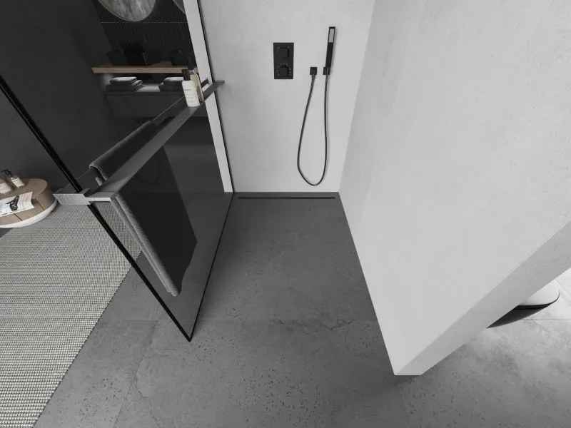 Mexen Kioto+ L, sprchová zástena Walk-In s poličkou a vešiakom 50 x 200 cm, 8mm číre sklo čierny vzor, grafitový profil, 800-050-123-66-70