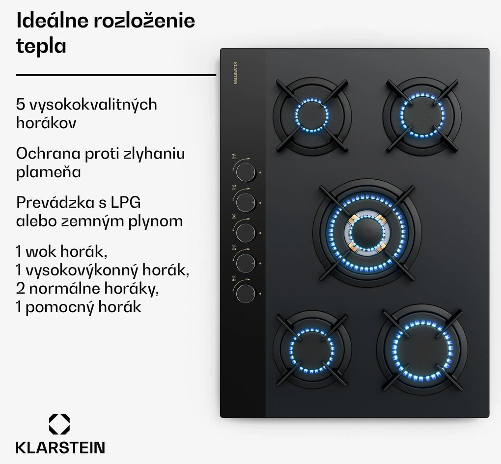 Klarstein Goldflame Nano plynová varná doska, 5 mosadzných horákov, Nano povlak, LPG/zemný plyn