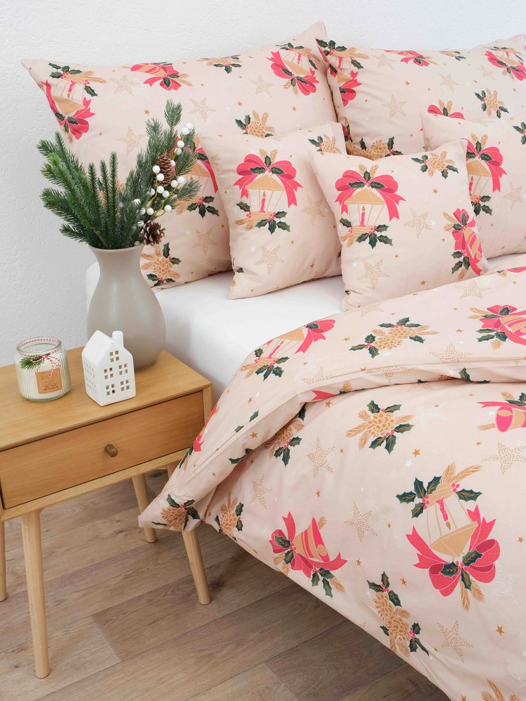 Vianočné predĺžené bavlnené obliečky Renforcé - Vianočné zvončeky béžové