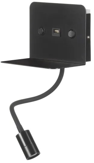 ONLI - LED Flexibilná lampička s policou a USB nabíjaním PLAK LED/1W/230V čierna