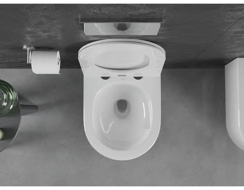 Mexen Sofia, závesná WC misa 490x360x355 mm, Rimless Tornádo + WC sedadlo z duroplastu, biela lesklá, 30540300T