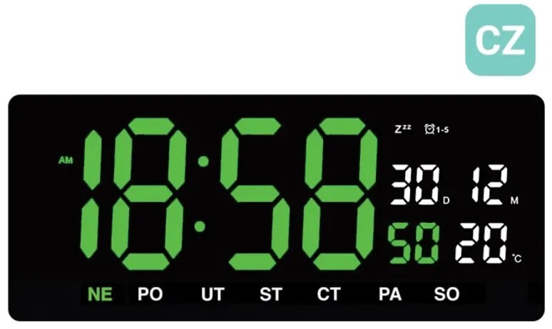 Veľké digitálne LED hodiny JVD DH3604.4 (36 cm) – teplomer, kalendár, české dni
